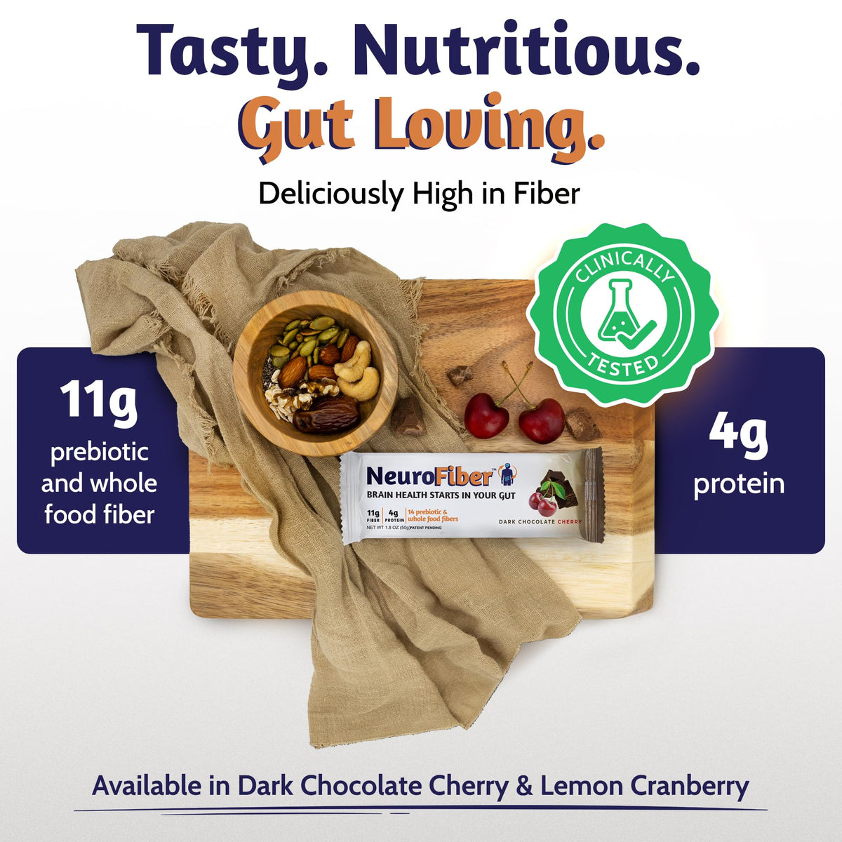 NeuroFiber Prebiotic High Fiber Bars - Gut Health, Bowel Regularity & Brain Function Support - Plant-Based, Gluten Free, Vegan (Dark Chocolate Cherry)