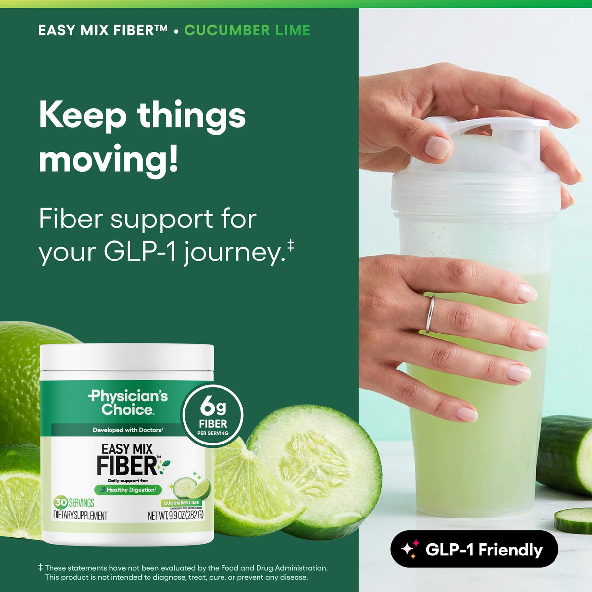 Physician's CHOICE Easy Mix Fiber for GLP-1 Support - No Grit - Daily Prebiotic Soluble Fiber Powder Supplement for Women and Men - Cucumber Lime - 30 Servings