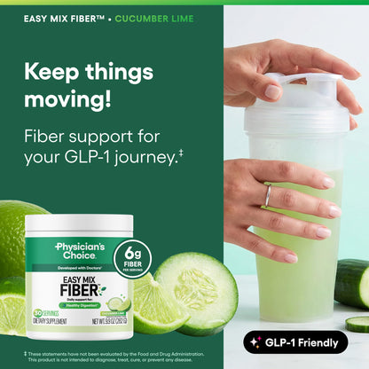 Physician's CHOICE Easy Mix Fiber for GLP-1 Support - No Grit - Daily Prebiotic Soluble Fiber Powder Supplement for Women and Men - Cucumber Lime - 30 Servings