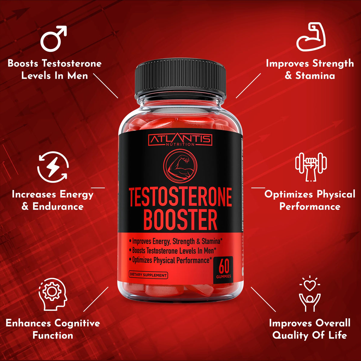 Testosterone Booster Gummies for Men - Strength, Stamina & Performance Support with Tribulus, Maca & Horny Goat Weed - Atlantis Nutrition (2 Pack, 120 Gummies)
