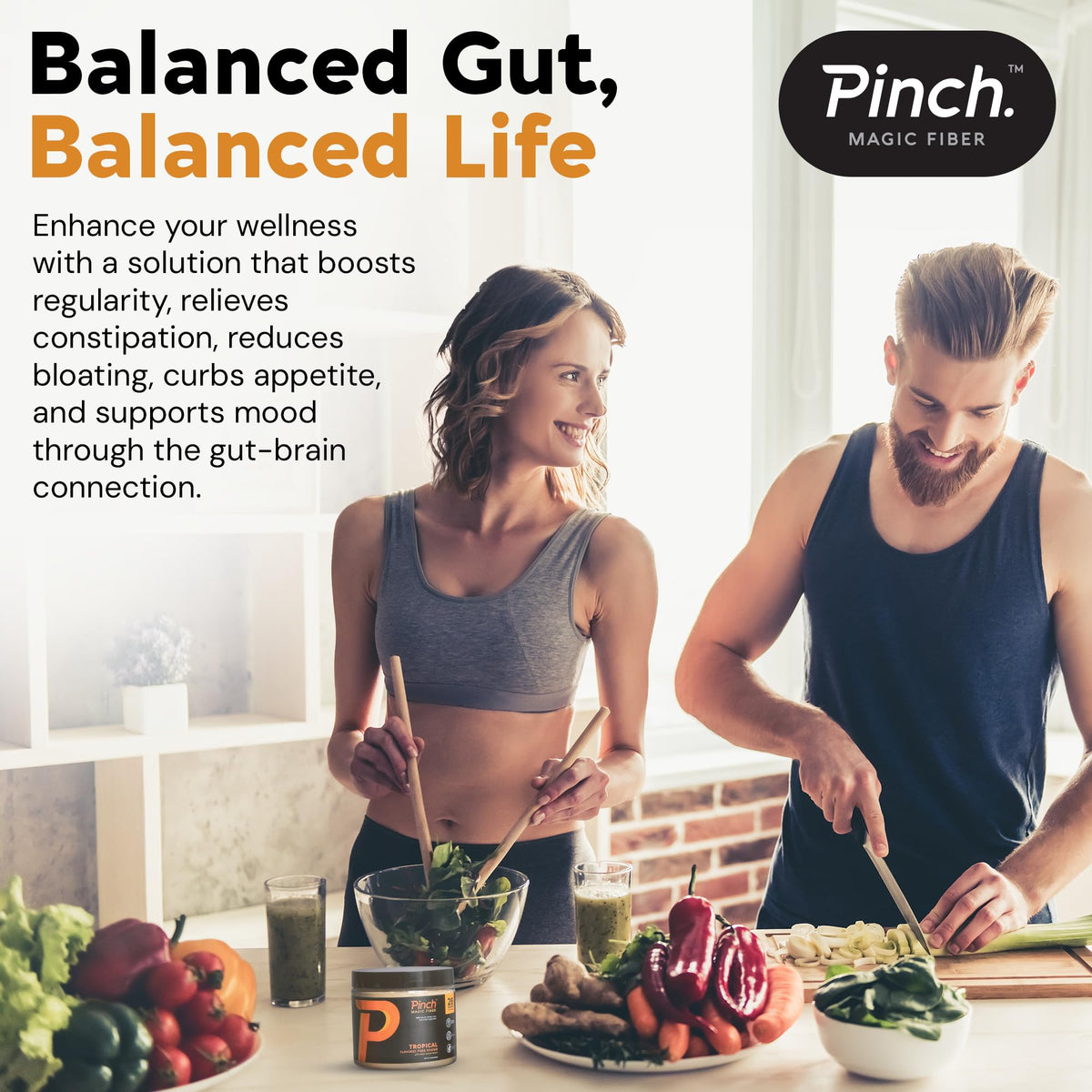 Pinch Magic Sugar Free Fiber Powder - Light Tropical Flavor Psyllium Husk with Bromelain & Vitamins C & D - Vegan, Gluten-Free, Clean Label, USA-Made, GMP-Certified - 28-Day Supply