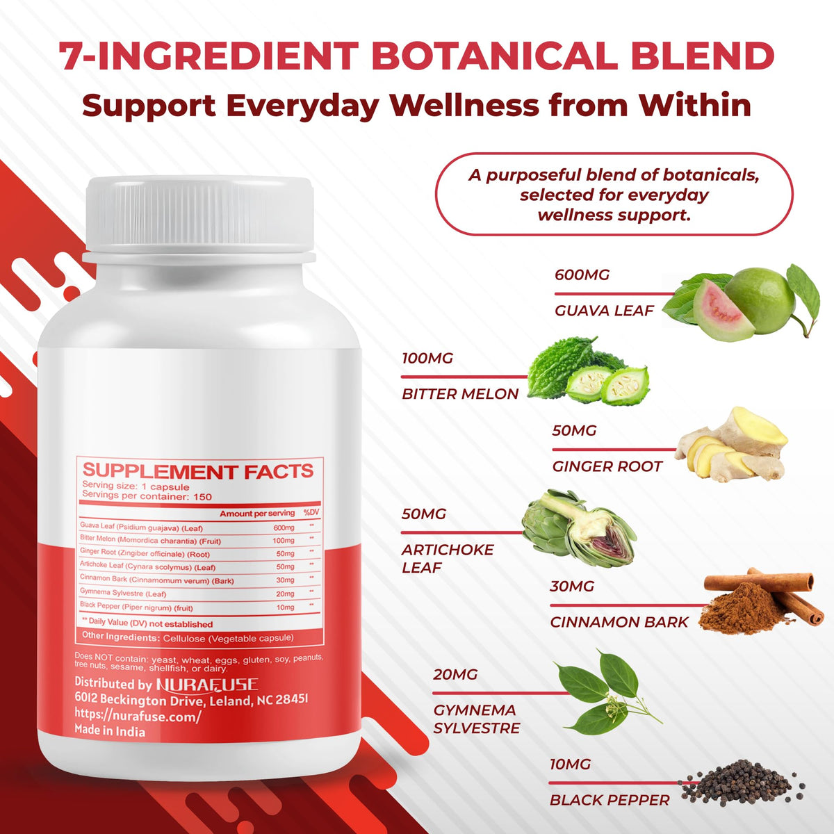 NURAFUSE Guava Extract & Bitter Melon Supplement - Metabolism & Digestive Support with Ginger, Cinnamon & Gymnema - 150 Capsules