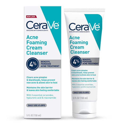 CeraVe Acne Foaming Cream Cleanser, 4% Benzoyl Peroxide Face Wash With Hyaluronic Acid, Niacinamide & Ceramides, Gentle Daily Acne Treatment For Face