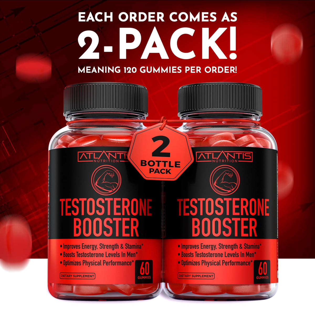 Testosterone Booster Gummies for Men - Strength, Stamina & Performance Support with Tribulus, Maca & Horny Goat Weed - Atlantis Nutrition (2 Pack, 120 Gummies)