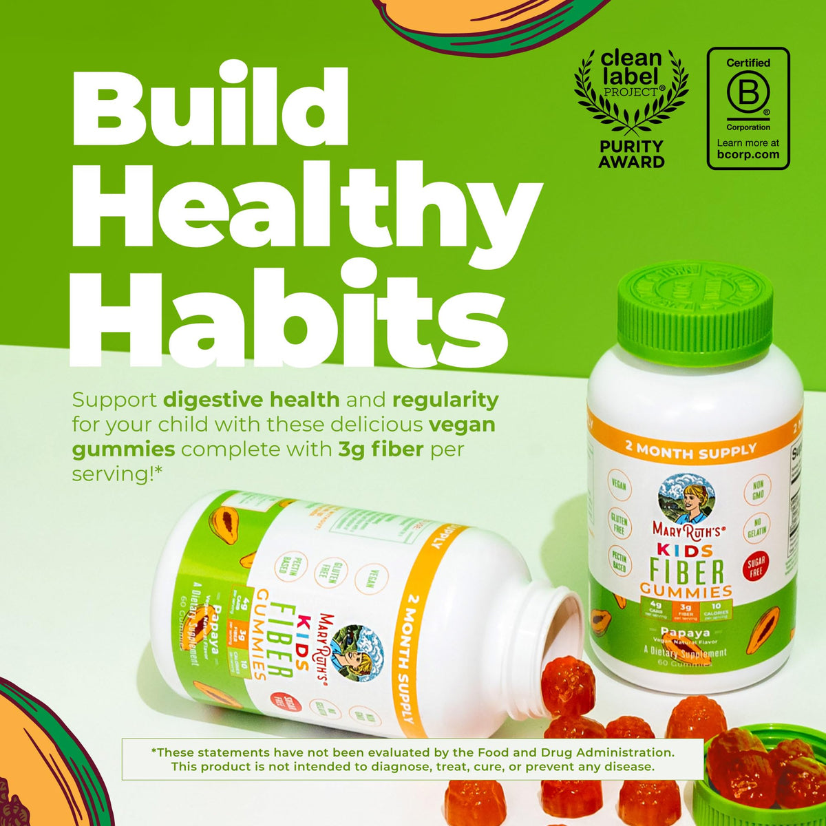 MARYRUTH'S Fiber Gummies for Kids - 2 Month Supply - Sugar Free - Kids Fiber Gummies Ages 4+ - Soluble Fiber Supplement - Gut Health & Digestion Support - 3g Fiber per Gummy - Vegan - 60 Count