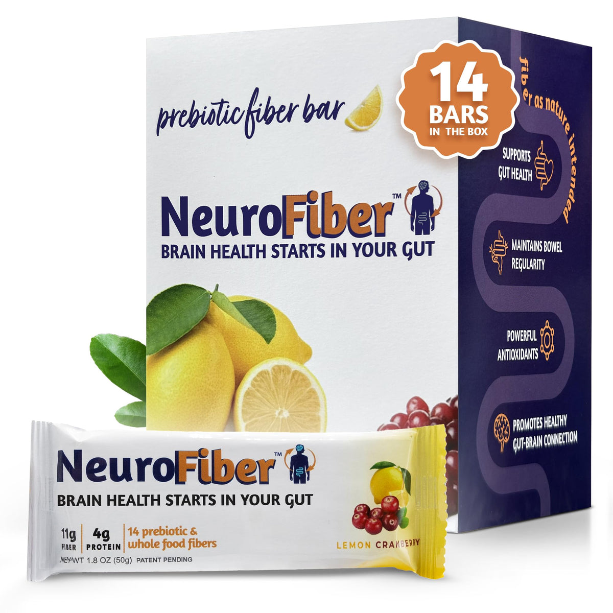 NeuroFiber Prebiotic High Fiber Bars - Gut Health, Bowel Regularity & Brain Function Support - Plant-Based, Gluten Free, Vegan (Lemon Cranberry)