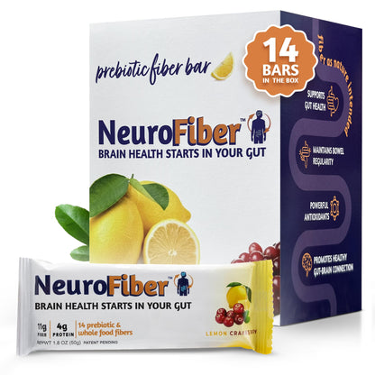 NeuroFiber Prebiotic High Fiber Bars - Gut Health, Bowel Regularity & Brain Function Support - Plant-Based, Gluten Free, Vegan (Lemon Cranberry)