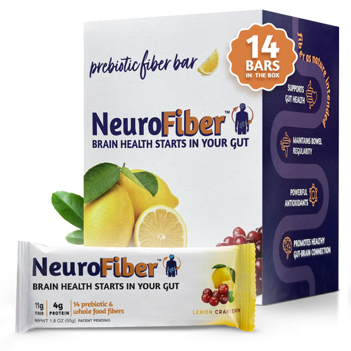 NeuroFiber Prebiotic High Fiber Bars - Gut Health, Bowel Regularity & Brain Function Support - Plant-Based, Gluten Free, Vegan (Lemon Cranberry)
