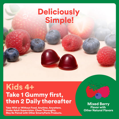 SmartyPants Kids Fiber & Veggies: Prebiotic Fiber Gummies for Kids, Fiber Supplement with Inulin, Organic Green Veggie Blend, Vegan, Gluten Free, Mixed Berry Flavor, 60 Count (30 Day Supply)