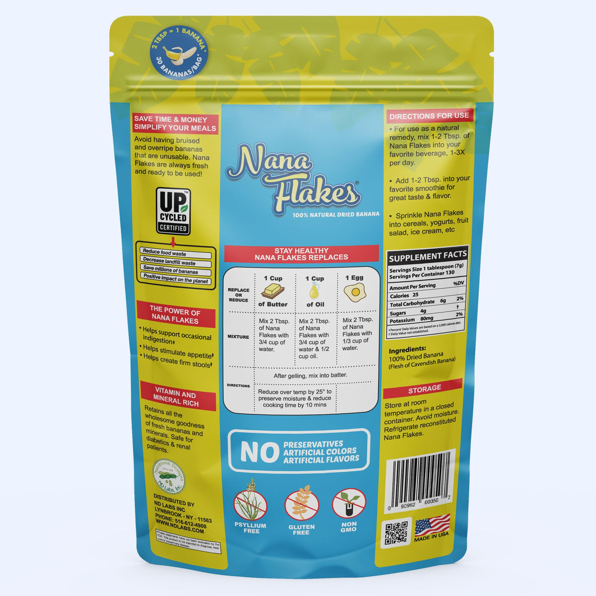 Nutritional Designs Nana Flakes 100% Natural Banana Powder, Digestive Support - Source of Potassium & Fiber - Substitute for Eggs, Butter, or Oil in Baking (2LB Bag)