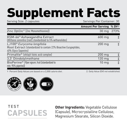 Testosterone Booster Capsules for Men & Women - LJ100 Tongkat Ali, KSM-66 Ashwagandha & Shilajit - Hormone & Performance Support - Kaged Test (60 Servings)