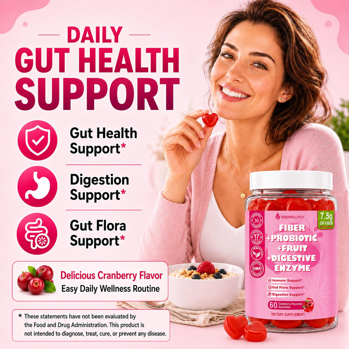 Grewellogy Fiber Gummies for Adults, Sugar Free Fiber Supplement with Prebiotics, Probiotics & Digestive Enzymes for Gut Health Support, 60 Count Cranberry Flavor, Vegan