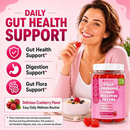 Grewellogy Fiber Gummies for Adults, Sugar Free Fiber Supplement with Prebiotics, Probiotics & Digestive Enzymes for Gut Health Support, 60 Count Cranberry Flavor, Vegan