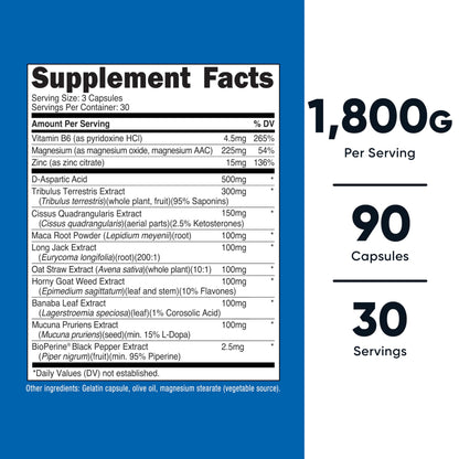 Nutricost Testosterone Support Complex for Men - 1800mg Per Serving - Natural Testosterone Booster for Energy, Strength & Vitality (90 Capsules)
