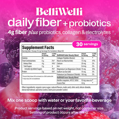 Belli Welli Fiber Supplement for Women & Men - Premium Daily Fiber Powder from Organic Acacia with Added Collagen, Electrolytes & Probiotics - No Bloat, Constipation & Gut Health Support (Wild Berry)
