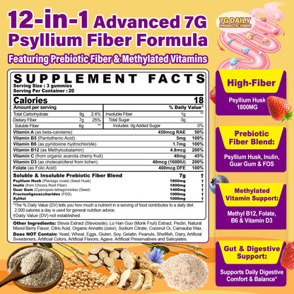 Fiber Gummies 7G for Adults with Psyllium Husk, For GLP-1 Users Daily Prebiotic Fiber - Inulin, FOS, Guar Gum, Methyl B12,Folate,B6 for Gut & Digestive Health, Regularity Support, Sugar Free, 1 Pack