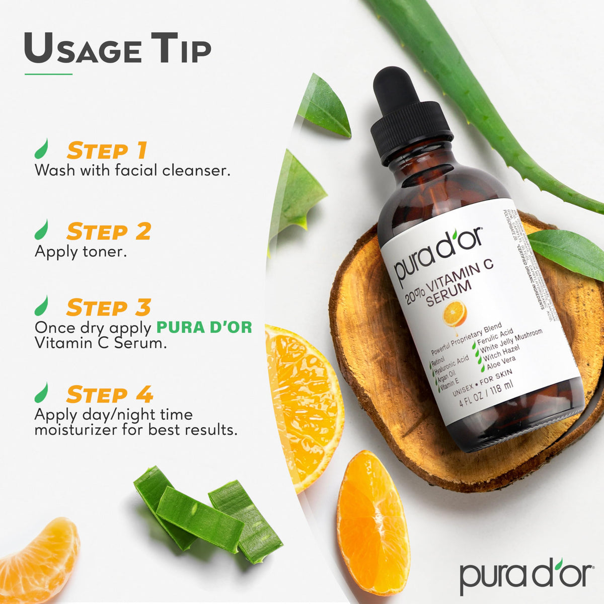 PURA D'OR 20% Vitamin C Facial Serum 4 Oz Antioxidant Blend w/Retinol, Hyaluronic Acid, Vitamin E, Ferulic Acid - Hydrating Lightweight Skincare Formula - Men Women Daily Use After Bath Oil Skin Care