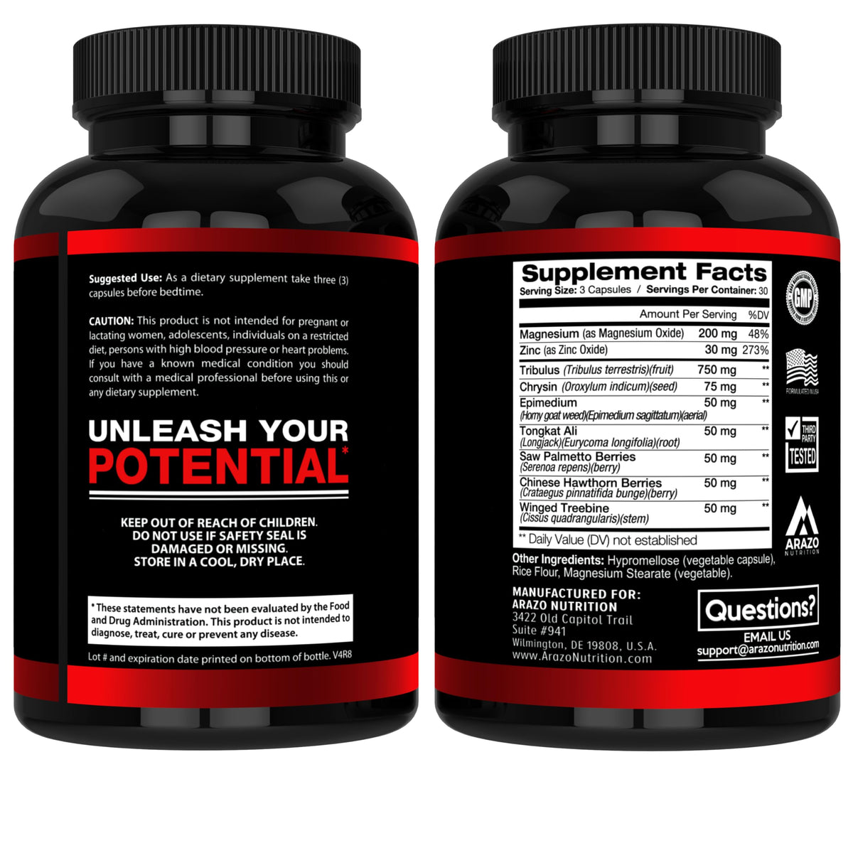 Arazo Nutrition TestoBoost Test Booster for Men - Tribulus, Epimedium, Hawthorn & Zinc - Natural Herbal Muscle & Strength Support Supplement