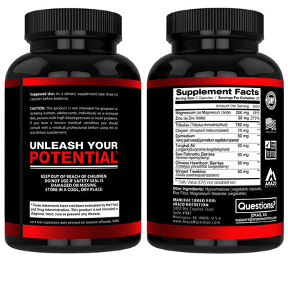 Arazo Nutrition TestoBoost Test Booster for Men - Tribulus, Epimedium, Hawthorn & Zinc - Natural Herbal Muscle & Strength Support Supplement