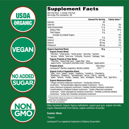 Country Farms Super Greens Natural Flavor, 50 Organic Super Foods, USDA Organic Drink Mix, Fruits, Vegetables, Super Greens, Mushrooms & Probiotics, Supports Energy, 40 Servings, 10.6 Oz, 2 Pack