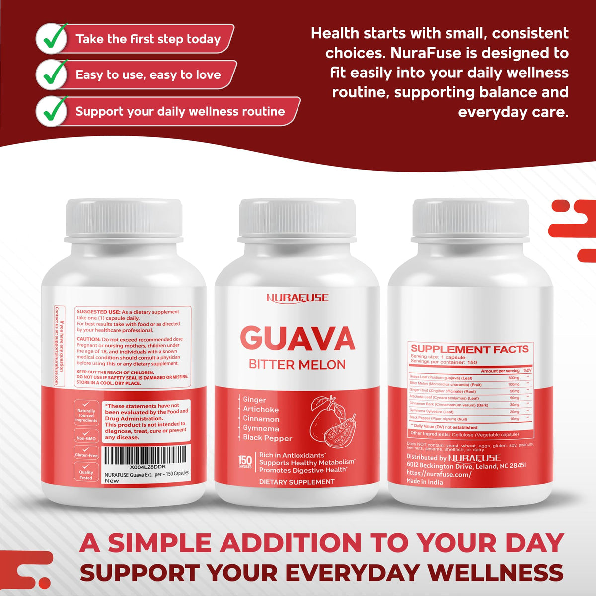 NURAFUSE Guava Extract & Bitter Melon Supplement - Metabolism & Digestive Support with Ginger, Cinnamon & Gymnema - 150 Capsules