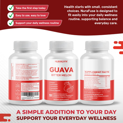 NURAFUSE Guava Extract & Bitter Melon Supplement - Metabolism & Digestive Support with Ginger, Cinnamon & Gymnema - 150 Capsules