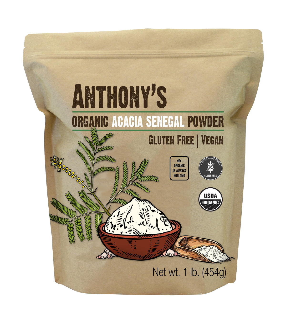 Anthony's Organic Acacia Senegal Powder, 1 lb, Batch Tested Gluten Free, Non GMO, Soluble Fiber, Prebiotic