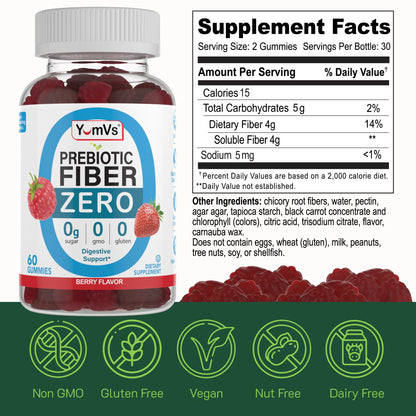 YumVs Sugar Free Prebiotic Fiber Gummies for Adults and Kids - Berry Flavor - Kosher Halal 4g High Fiber Supplement for Women and Men - Daily Fiber for Digestive Health (60 Count, 2PK)