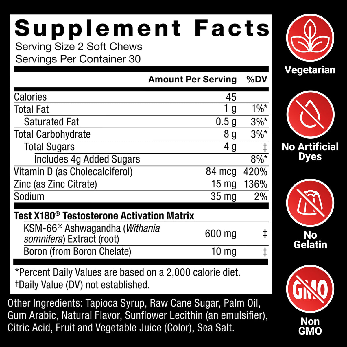 Force Factor Test X180 Testosterone Support for Men - KSM-66 Ashwagandha, Boron, Vitamin D & Zinc - Performance & Testosterone Support (Berry Blast, 60 Soft Chews)