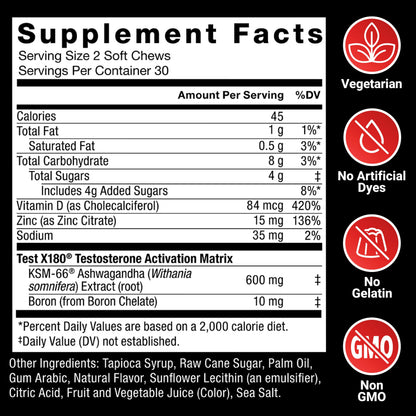 Force Factor Test X180 Testosterone Support for Men - KSM-66 Ashwagandha, Boron, Vitamin D & Zinc - Performance & Testosterone Support (Berry Blast, 60 Soft Chews)