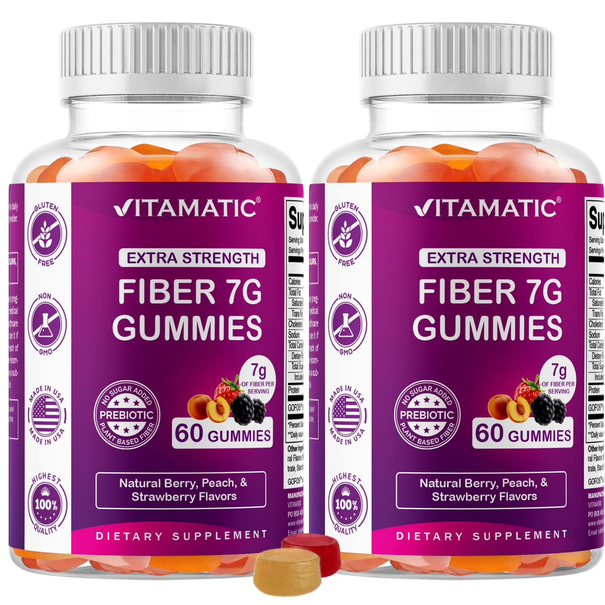 Vitamatic Prebiotic Fiber Gummies for Adults - 2 Pack (Total 120 Gummies) 7g Fiber per Serving - Extra Strength - Zero Sugar Added - Pectin-Based - Digestive Health & Regularity Support