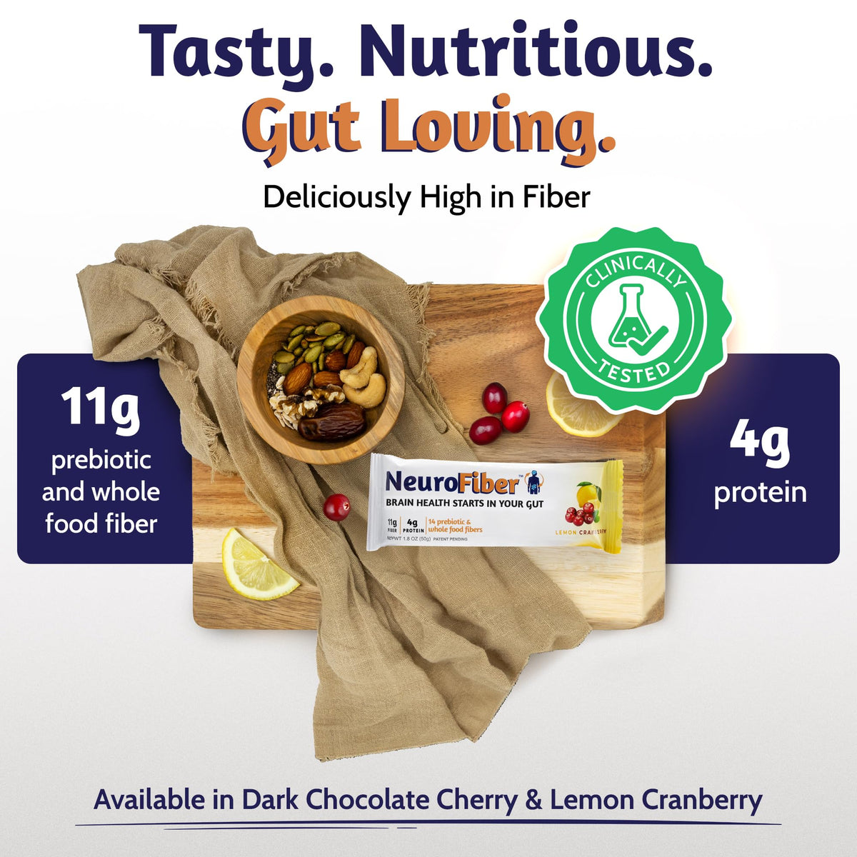 NeuroFiber Prebiotic High Fiber Bars - Gut Health, Bowel Regularity & Brain Function Support - Plant-Based, Gluten Free, Vegan (Lemon Cranberry)