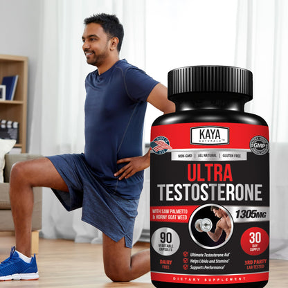 Kaya Naturals Ultra Testosterone Booster for Men - with Tongkat Ali, Horny Goat Weed & Tribulus - Energy, Stamina & Strength Support (90 Count)