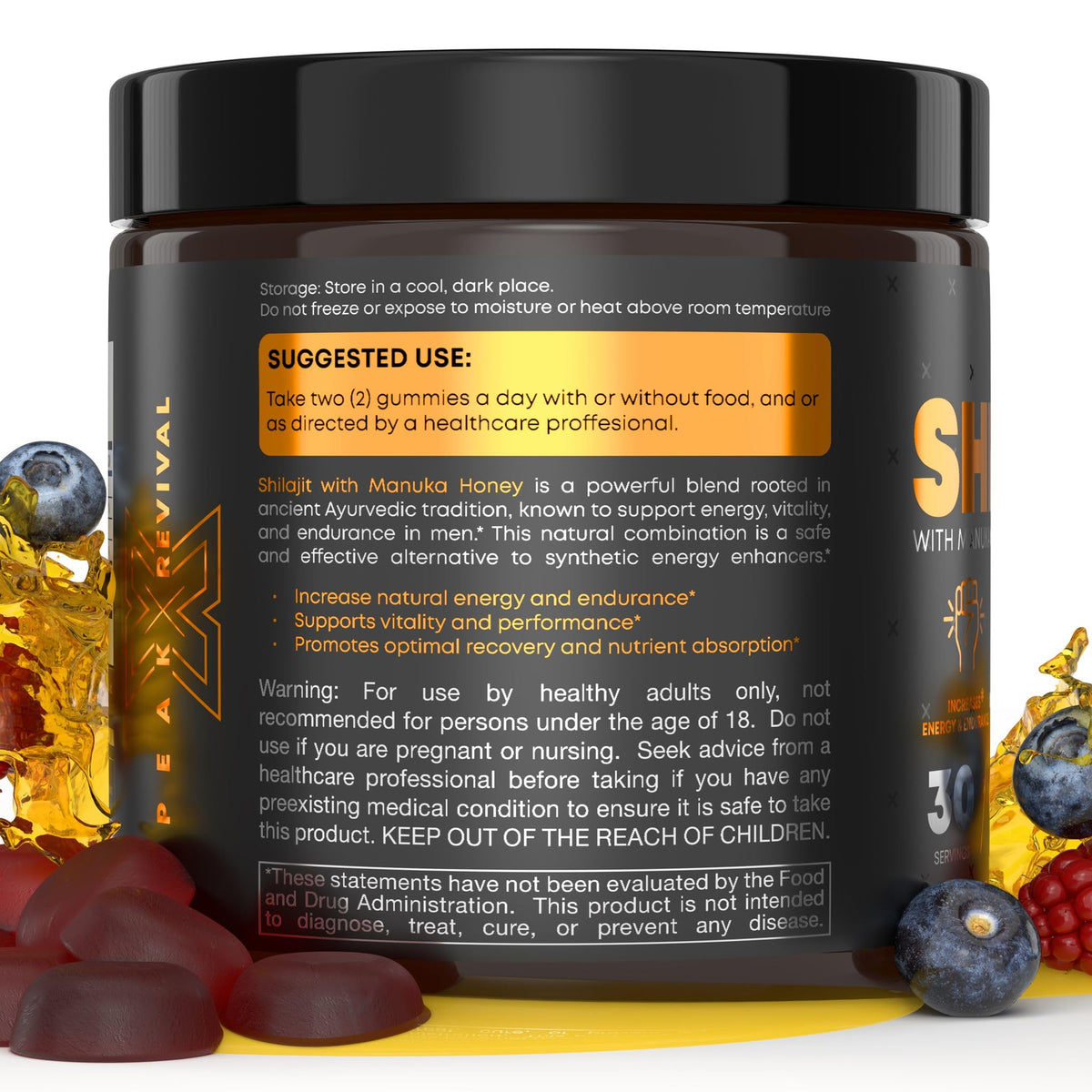 Shilajit Gummies with Manuka Honey - Energy, Endurance & Recovery Support Supplement - Peak Revival (Mixed Berry, 60 Gummies)
