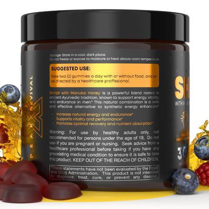 Shilajit Gummies with Manuka Honey - Energy, Endurance & Recovery Support Supplement - Peak Revival (Mixed Berry, 60 Gummies)