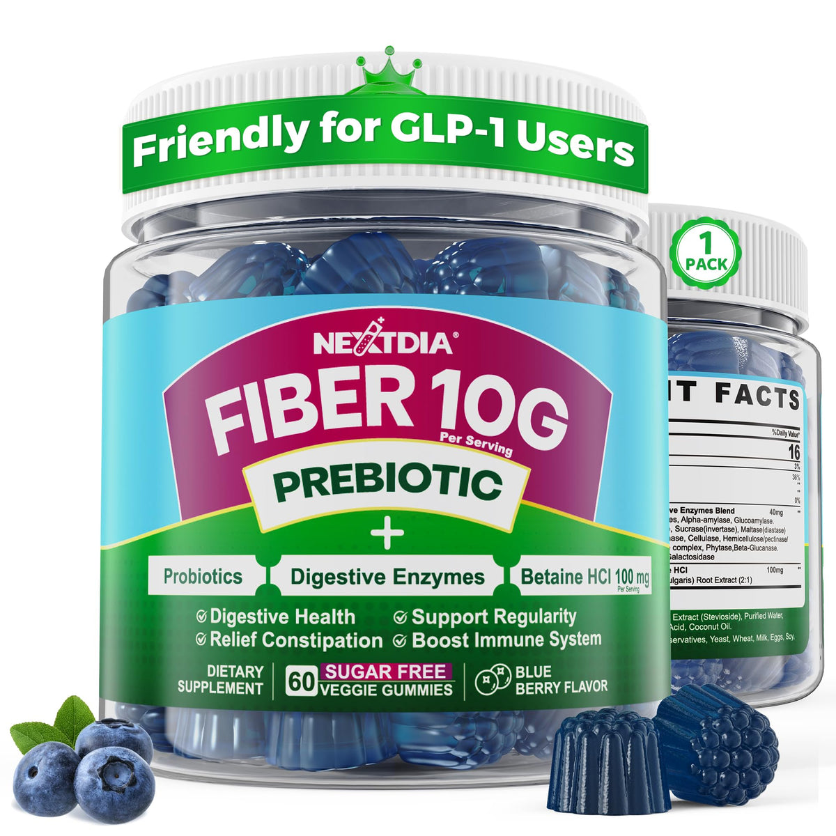 Fiber Gummies for Adults, GLP-1 Friendly 10g Prebiotic Fiber Supplement w/ Digestive Enzymes, Probiotics & 100mg Betaine for Digestive & Gut Health and Regulate Bowel Movement, Vegan, Sugar Free,60ct