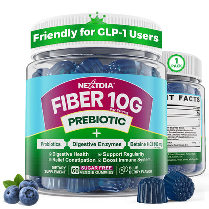 Fiber Gummies for Adults, GLP-1 Friendly 10g Prebiotic Fiber Supplement w/ Digestive Enzymes, Probiotics & 100mg Betaine for Digestive & Gut Health and Regulate Bowel Movement, Vegan, Sugar Free,60ct