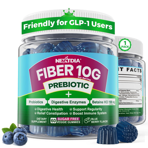 Fiber Gummies for Adults, GLP-1 Friendly 10g Prebiotic Fiber Supplement w/ Digestive Enzymes, Probiotics & 100mg Betaine for Digestive & Gut Health and Regulate Bowel Movement, Vegan, Sugar Free,60ct