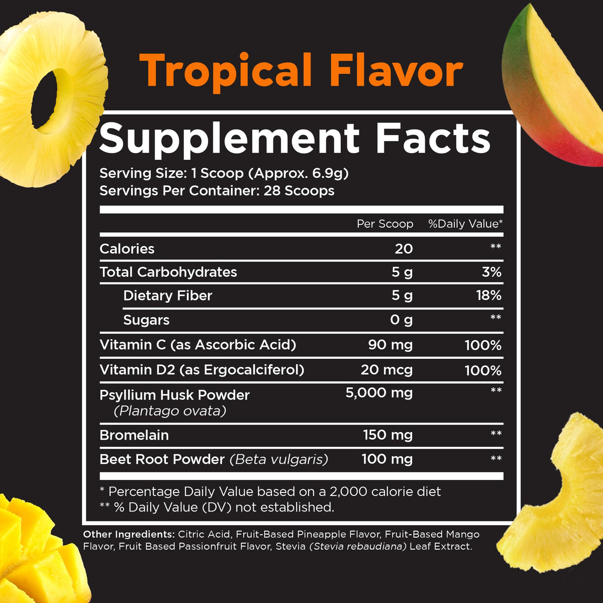 Pinch Magic Sugar Free Fiber Powder - Light Tropical Flavor Psyllium Husk with Bromelain & Vitamins C & D - Vegan, Gluten-Free, Clean Label, USA-Made, GMP-Certified - 28-Day Supply