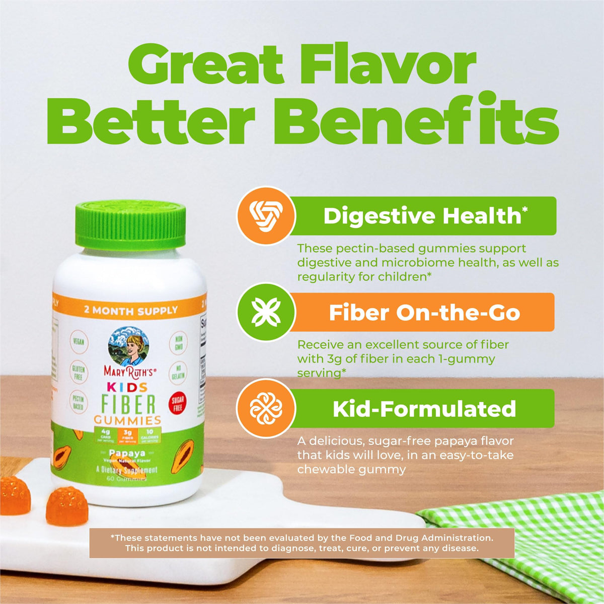 MARYRUTH'S Fiber Gummies for Kids - 2 Month Supply - Sugar Free - Kids Fiber Gummies Ages 4+ - Soluble Fiber Supplement - Gut Health & Digestion Support - 3g Fiber per Gummy - Vegan - 60 Count