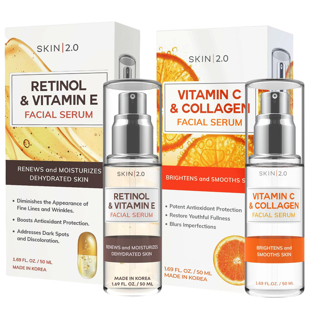 Skin 2.0 Retinol & Vitamin E + Collagen & Vitamin C Serum For Face - Dermatologist Tested, Anti Aging, Korean Skin Care - Smooths Lines, Firms, Hydrates, Revitalizes - Vegan, Clean Beauty - Pack of 2