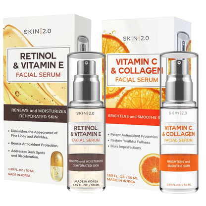 Skin 2.0 Retinol & Vitamin E + Collagen & Vitamin C Serum For Face - Dermatologist Tested, Anti Aging, Korean Skin Care - Smooths Lines, Firms, Hydrates, Revitalizes - Vegan, Clean Beauty - Pack of 2