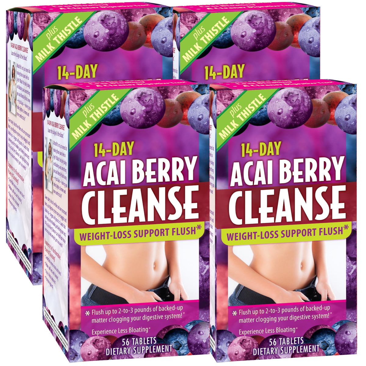 Applied Nutrition 14-Day Acai Berry Cleanse - 56 Tablets, Pack of 4 - Weight-Loss Support Flush + Milk Thistle - 112 Total Servings