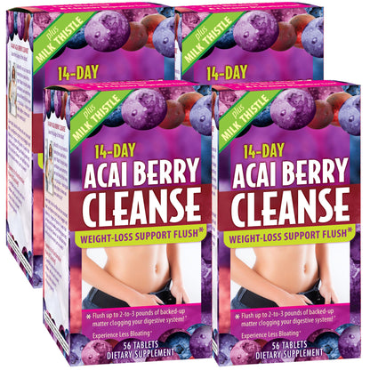 Applied Nutrition 14-Day Acai Berry Cleanse - 56 Tablets, Pack of 4 - Weight-Loss Support Flush + Milk Thistle - 112 Total Servings