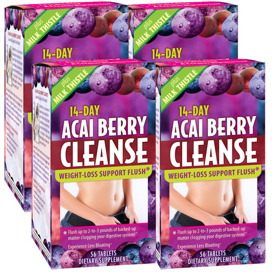 Applied Nutrition 14-Day Acai Berry Cleanse - 56 Tablets, Pack of 4 - Weight-Loss Support Flush + Milk Thistle - 112 Total Servings
