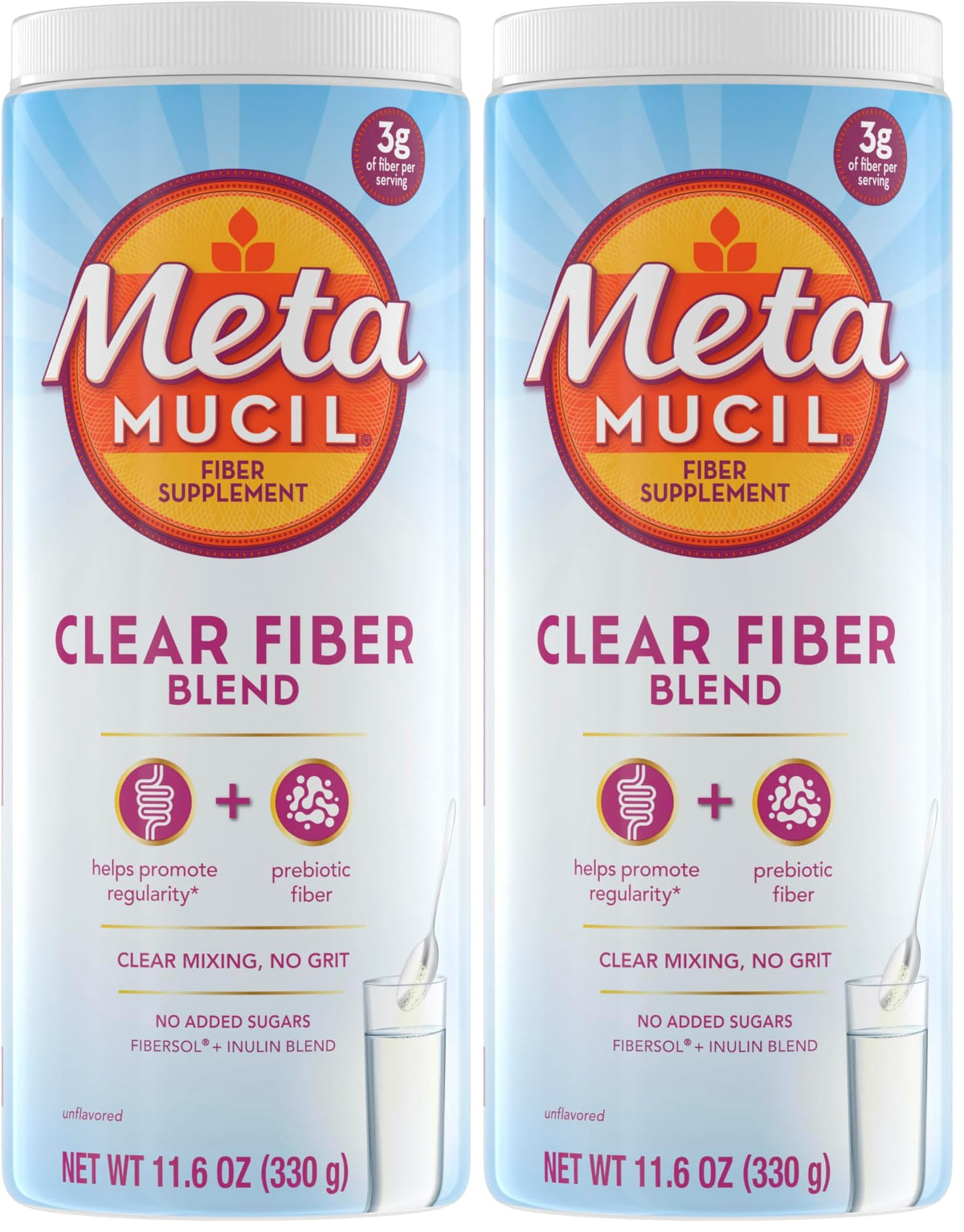 Metamucil Fiber Supplement,Unflavored Clear Mixing Powder,No Grit,No Sugar Added,Plant Based Prebiotic Fiber Supplement Blend for Daily Digestive Health,75 teaspoons,(Pack of 2)