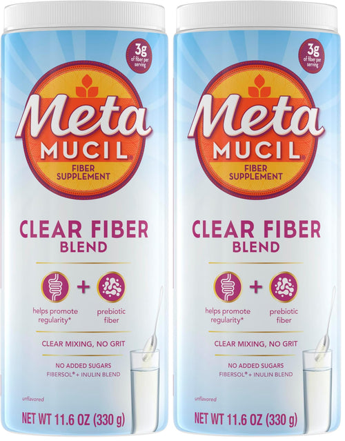 Metamucil Fiber Supplement,Unflavored Clear Mixing Powder,No Grit,No Sugar Added,Plant Based Prebiotic Fiber Supplement Blend for Daily Digestive Health,75 teaspoons,(Pack of 2)