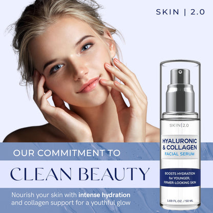 Skin 2.0 Hyaluronic Acid & Collagen Face Serum - Dermatologist Tested, Skin Tightening, Hydrating - Anti-Aging, Clean Beauty, Cruelty-Free Korean Skincare for All Skin Types - 1.69 Fl oz