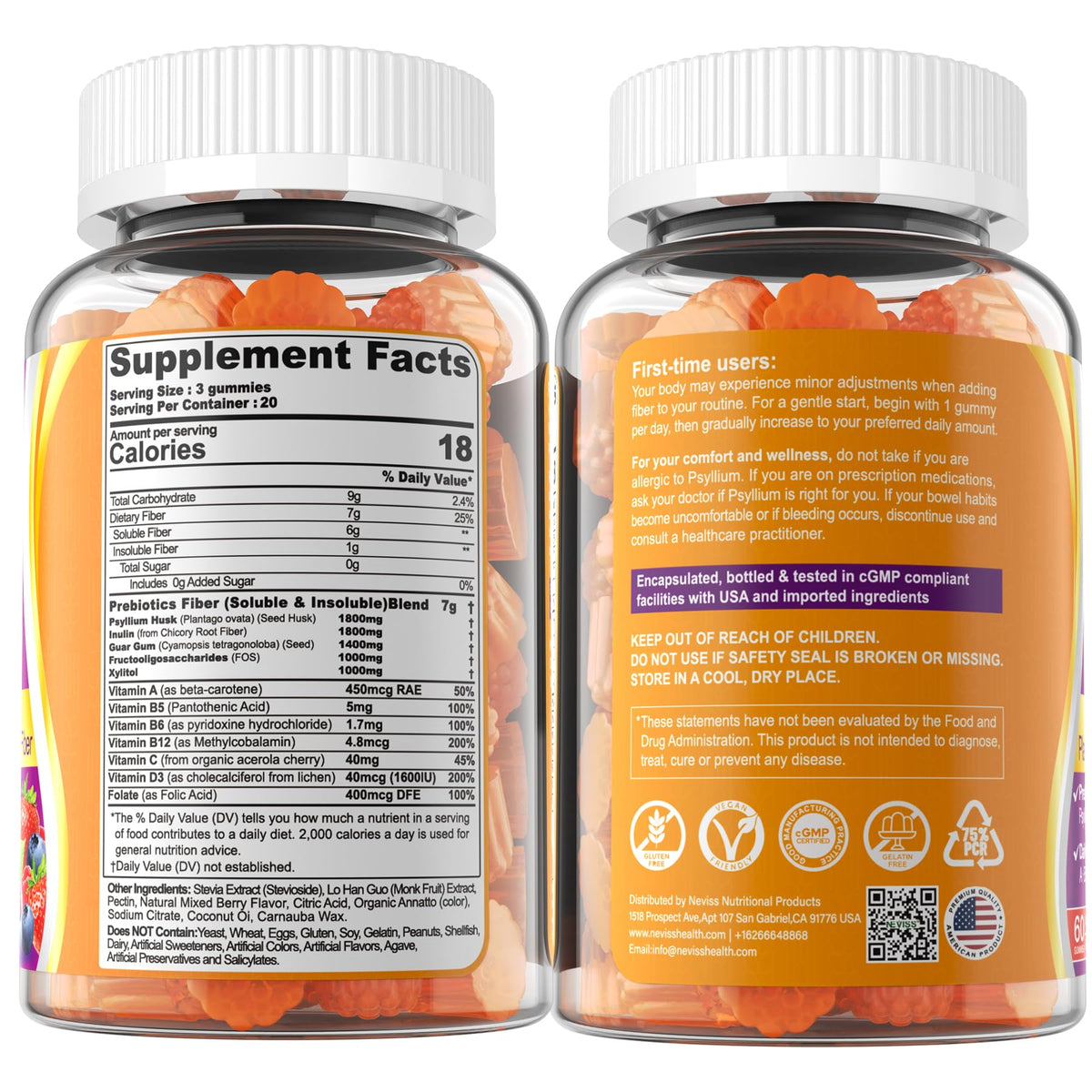 Fiber Gummies 7G for Adults with Psyllium Husk, For GLP-1 Users Daily Prebiotic Fiber - Inulin, FOS, Guar Gum, Methyl B12,Folate,B6 for Gut & Digestive Health, Regularity Support, Sugar Free, 1 Pack