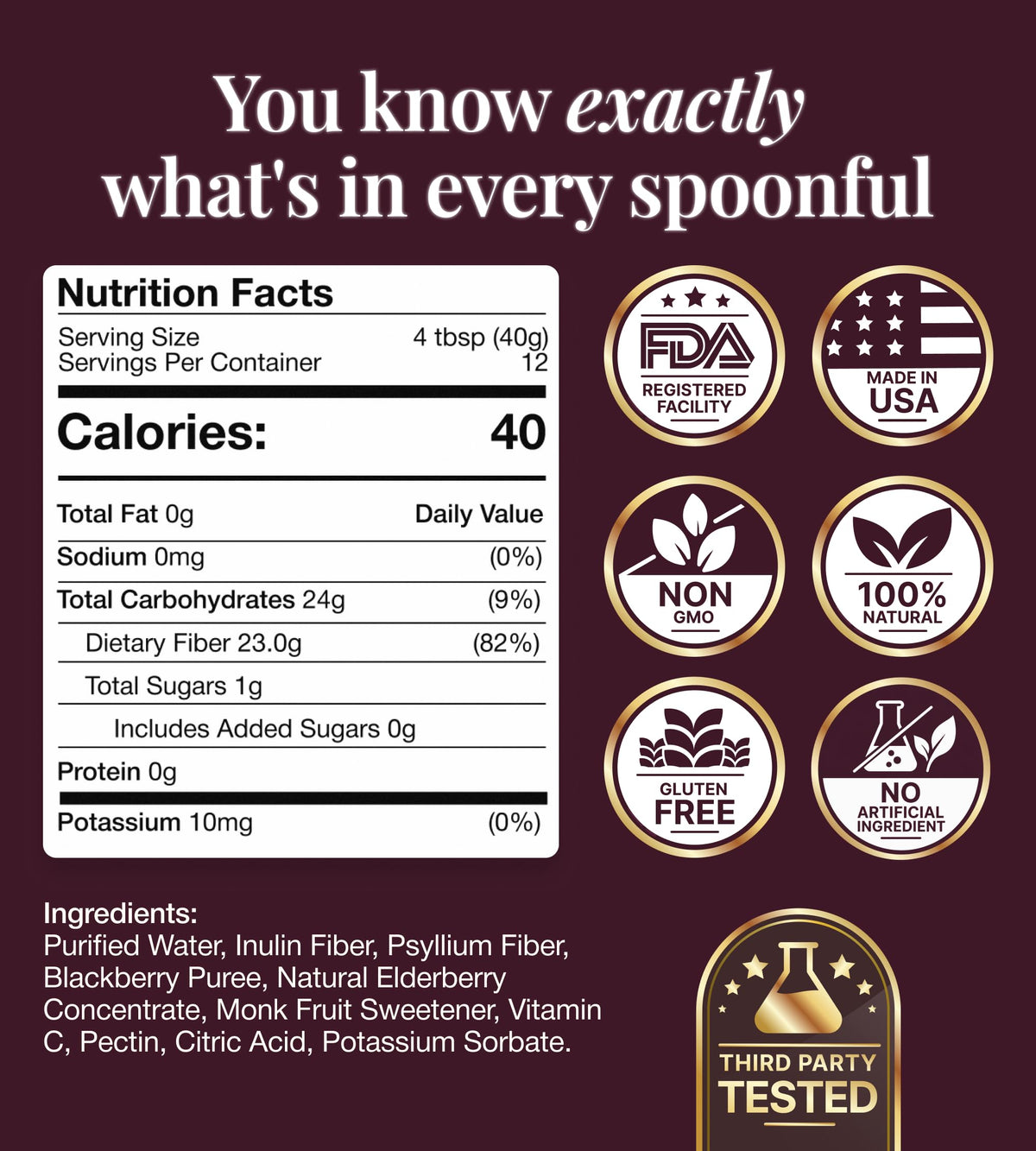 The Fiber Gel High Dietary Fiber Prebiotic Gel Formula - 100% Natural & Clean Label - Plant-Based Psyllium Husk & Inulin Complex - Keto Friendly, Vegan, No Added Sugar - Elderberry, 16 oz